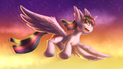 Size: 1920x1080 | Tagged: safe, artist:shad0w-galaxy, twilight sparkle, alicorn, pony, g4, fangs, female, flying, mare, open mouth, sky, smiling, solo, spread wings, twilight sparkle (alicorn), wings