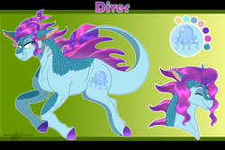 Size: 1350x900 | Tagged: safe, artist:bijutsuyoukai, oc, oc only, oc:diver, hybrid, my little pony: the movie, magical lesbian spawn, offspring, parent:meadowbrook, parent:queen novo, parents:novobrook, reference sheet, solo