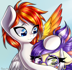 Size: 2000x1949 | Tagged: safe, artist:chaosangeldesu, oc, oc only, pegasus, pony, blushing, ear piercing, earring, glasses, jewelry, oc x oc, pegasus oc, piercing, shipping, wings, ych result