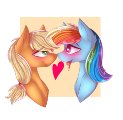 Size: 1024x995 | Tagged: safe, artist:flame-productions, applejack, rainbow dash, g4, bust, female, heart, heart eyes, lesbian, ship:appledash, shipping, simple background, tongue out, transparent background, wingding eyes