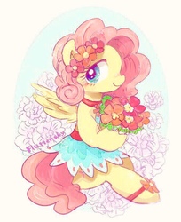 Size: 678x832 | Tagged: safe, artist:osawari64, fluttershy, pegasus, pony, g4, alternate hairstyle, bouquet, clothes, cute, dress, female, flower, flower in hair, looking at you, mare, profile, shyabetes, sitting, skirt, smiling, solo, spread wings, wings