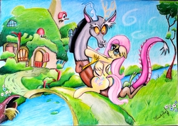 Size: 2651x1886 | Tagged: safe, artist:steadypaw, discord, fluttershy, g4, female, male, ship:discoshy, shipping, straight