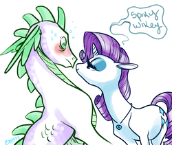 Size: 1603x1353 | Tagged: safe, artist:opalacorn, rarity, spike, dragon, pony, unicorn, g4, blushing, duo, female, flustered, lidded eyes, looking at each other, looking at someone, male, personal space invasion, ship:sparity, shipping, spikey wikey, straight