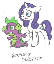 Size: 733x866 | Tagged: safe, artist:cmara, rarity, spike, dragon, g4, female, male, protecting, ship:sparity, shipping, straight, traditional art