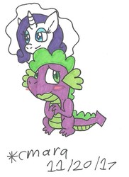 Size: 639x877 | Tagged: safe, artist:cmara, rarity, spike, dragon, g4, blushing, female, male, ship:sparity, shipping, straight, traditional art