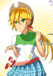 Size: 1024x1453 | Tagged: safe, artist:achaoticdotstar, applejack, human, g4, female, hook, humanized, patch, solo, waistband