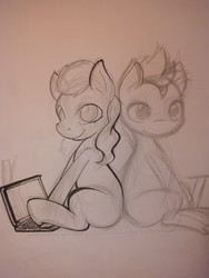 Size: 2448x3264 | Tagged: safe, artist:darkdoomer, derpibooru exclusive, diamond tiara, oc, oc:filly anon, oc:ponyo, g4, 8chan, computer, female, filly, high res, inking, irc, laptop computer, lineart, looking at you, sketch, wip