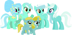 Size: 1042x510 | Tagged: safe, artist:selenaede, artist:starryoak, bee bop, cornetta, lyra heartstrings, silver strings, skyra, sun glimmer, earth pony, pegasus, pony, unicorn, g4, background pony, base used, bonnet, family, female, filly, harp, lyre, musical instrument, palette swap, recolor, siblings, simple background, sisters, the lyra family, transparent background