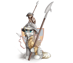 Size: 2894x2505 | Tagged: safe, artist:apogeeseeker, oc, oc only, bird, owl, pony, unicorn, facial hair, glaive-guisarme, halberd, helmet, high res, moustache, simple background, sitting, solo, weapon, white background