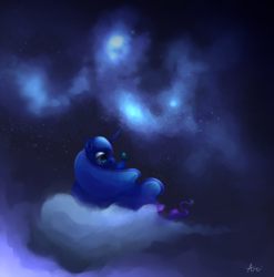 Size: 1569x1588 | Tagged: safe, artist:ari-the-artist, princess luna, butterfly, g4, cloud, female, galaxy, mare, sad, solo focus