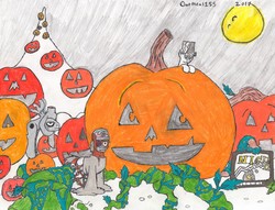 Size: 6508x4978 | Tagged: safe, artist:oatmeal155, oc, oc only, oc:cinnamon oats, absurd resolution, clothes, costume, doodle, halloween, holiday, jack-o-lantern, moon, pumpkin, traditional art