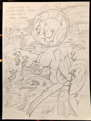 Size: 1536x2048 | Tagged: safe, artist:andypriceart, fluttershy, pony, seahorse, g4, dialogue, female, mare, monochrome, scuba gear, sketch, solo, traditional art