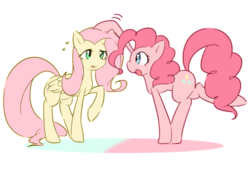 Size: 3154x2136 | Tagged: safe, artist:akainu_pony, fluttershy, pinkie pie, pony, g4, duo, duo female, female, high res, looking at each other, mare, noogie, open mouth, raised hoof, raised leg, simple background, smiling, white background