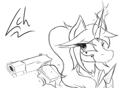 Size: 400x279 | Tagged: safe, artist:lacunah, oc, oc only, oc:midnight solace, pony, gun, magic, simple background, sketch, solo, weapon, white background