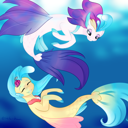 Size: 4000x4000 | Tagged: safe, artist:stella-drawz, princess skystar, queen novo, seapony (g4), g4, my little pony: the movie, colored pupils, crepuscular rays, crown, digital art, dorsal fin, eyelashes, eyes closed, female, fin, fin wings, fins, fish tail, flower, flower in hair, jewelry, lidded eyes, like mother like daughter, like parent like child, looking at each other, looking at someone, mare, mother and daughter, necklace, ocean, pearl necklace, purple eyes, regalia, smiling, smiling at each other, swimming, tail, underwater, water, wings