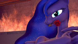 Size: 1920x1080 | Tagged: safe, artist:loveslove, princess luna, alicorn, pony, g4, 3d, butt, cutie mark, female, fire, flower, flower in mouth, folded wings, looking at you, lying down, mare, mouth hold, plot, rose, rose in mouth, smiling, solo, source filmmaker