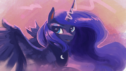 Size: 1920x1080 | Tagged: safe, artist:hierozaki, princess luna, alicorn, pony, g4, female, glowing horn, horn, looking at you, magic, mare, open mouth, solo