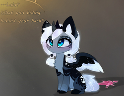 Size: 2525x1950 | Tagged: safe, artist:magnaluna, princess luna, alicorn, pony, g4, alternate design, alternate hairstyle, alternate universe, blushing, broken, chest fluff, cute, dialogue, element of magic, female, fluffy, gradient background, grammar error, implied princess celestia, lunabetes, mare, offscreen character, pigtails, sitting, solo, twintails, white-haired luna