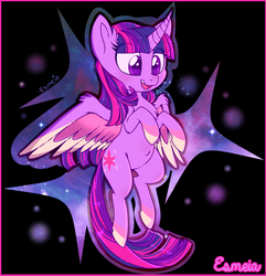 Size: 813x843 | Tagged: safe, artist:esmeia, twilight sparkle, alicorn, pony, g4, abstract background, colored hooves, colored wings, curved horn, ear fluff, female, horn, mare, multicolored hair, multicolored wings, rainbow power, smiling, solo, spread wings, twilight sparkle (alicorn), wings