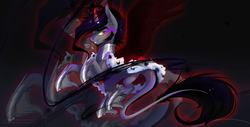 Size: 3438x1745 | Tagged: safe, artist:wilvarin-liadon, king sombra, g4, armor, curved horn, horn, leonine tail, male, rearing, smiling, solo, sombra eyes, stallion, wings, zoom layer