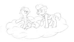Size: 7404x4193 | Tagged: safe, artist:pzkratzer, derpy hooves, doctor whooves, time turner, earth pony, pegasus, pony, g4, absurd resolution, clothes, cloud, duo, fear, female, lineart, male, mare, monochrome, on a cloud, scarf, ship:doctorderpy, shipping, smiling, stallion, straight