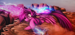 Size: 1464x685 | Tagged: safe, artist:ferasor, twilight sparkle, alicorn, pony, g4, female, fight, glowing horn, horn, magic, mare, offscreen character, scenery, twilight sparkle (alicorn)