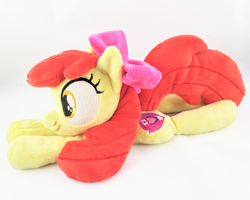 Size: 3623x2899 | Tagged: safe, artist:kazzysart, apple bloom, earth pony, pony, g4, adorabloom, apple bloom's bow, beanie (plushie), bow, cute, cutie mark, female, filly, hair, hair bow, high res, irl, photo, plushie, prone, red hair, solo, the cmc's cutie marks, yellow fur