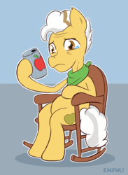 Size: 733x1000 | Tagged: safe, artist:empyu, grand pear, earth pony, pony, g4, 30 minute art challenge, can, crying, elderly, male, rocking chair, sad, sitting, solo