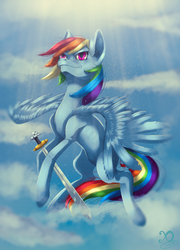 Size: 1024x1420 | Tagged: safe, artist:xaneas, rainbow dash, pegasus, pony, g4, cloud, female, mare, sky, smiling, solo, sword, weapon