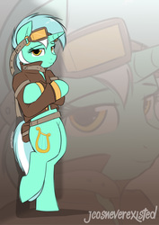 Size: 904x1279 | Tagged: safe, artist:jcosneverexisted, lyra heartstrings, pony, g4, bipedal, bipedal leaning, clothes, crossed arms, crossed hooves, doodle, female, goggles, jacket, leaning, looking at you, mare, patreon, smiling, solo, zoom layer