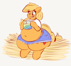 Size: 1117x1031 | Tagged: safe, artist:graphenescloset, applejack, earth pony, pony, g4, adorafatty, apple, applebucking thighs, applefat, belly, belly button, chubby, clothes, daisy dukes, eating, fat, female, food, freckles, hay, hay bale, jam, licking, licking lips, mare, midriff, shirt, shorts, smiling, thunder thighs, tongue out, weight gain, zap apple, zap apple jam