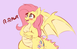 Size: 1933x1245 | Tagged: safe, artist:graphene, fluttershy, dragon, g4, blushing, cute, dragonified, ear fluff, fangs, female, flutterdragon, looking up, open mouth, pink background, rawr, shy, shyabetes, simple background, smiling, solo, species swap, spread wings, weapons-grade cute, wings