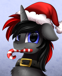 Size: 1443x1764 | Tagged: safe, artist:pridark, oc, oc only, unicorn, bust, candy, candy cane, christmas, commission, food, hat, holiday, mouth hold, portrait, santa hat, solo