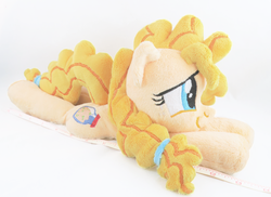 Size: 3587x2613 | Tagged: safe, artist:kazzysart, pear butter, earth pony, pony, g4, beanie (plushie), cute, high res, irl, pearabetes, photo, plushie, prone, solo