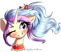 Size: 2000x1698 | Tagged: safe, artist:chaosangeldesu, oc, oc only, oc:sweetie breeze, pony, unicorn, bow, bust, choker, grin, hair bow, horn, one eye closed, simple background, smiling, transparent background, unicorn oc, wink, ych result
