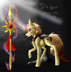 Size: 705x720 | Tagged: safe, artist:florarena-kitasatina/dragonborne fox, oc, oc only, bird, crystal pony, pony, unicorn, aside glance, changing magic color, cloak, clothes, crossover, curved horn, dialogue, epic battle fantasy, gem, glowing eyes, glowing eyes of doom, horn, lazarus (epic battle fantasy), male, raised hoof, red eyes take warning, ruby, simple background, solo, spear, this will not end well, watermark, weapon