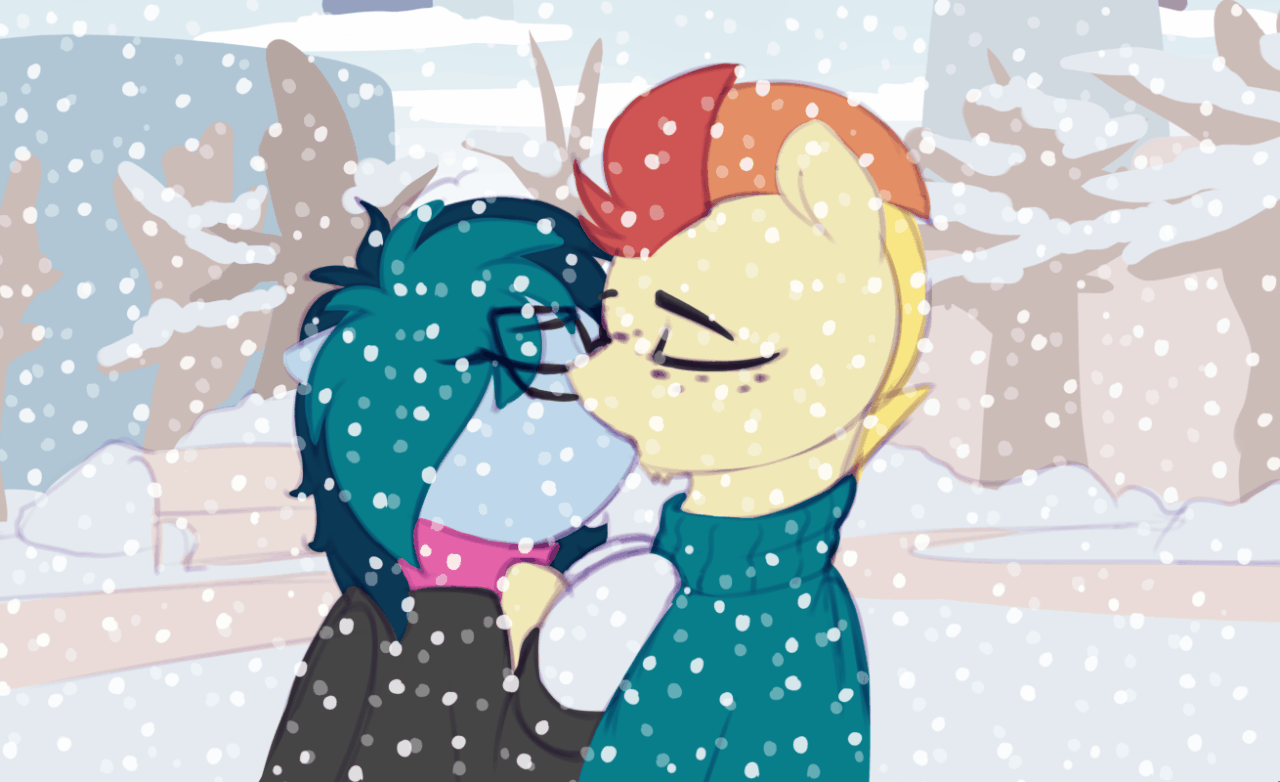 #1596439 - animated, artist:shinodage, bipedal, bipedal leaning, clothes,  delta vee's junkyard, eyes closed, female, flashback, gif, glasses,  kissing, ...