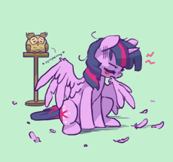 Size: 1054x983 | Tagged: safe, artist:dawnfire, owlowiscious, twilight sparkle, alicorn, bird, owl, pony, g4, behaving like a bird, biting, blushing, cute, duo, eyes closed, feather, feather plucking, female, green background, mare, messy mane, molting, partially open wings, preening, simple background, sitting, sympathy, twiabetes, twilight sparkle (alicorn), unsound effect, wing bite, wings