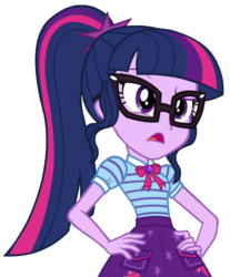 Size: 1699x2048 | Tagged: safe, artist:thebarsection, sci-twi, twilight sparkle, equestria girls, g4, my little pony equestria girls: better together, overpowered (equestria girls), clothes, female, geode of telekinesis, glasses, hand on hip, magical geodes, not a vector, open mouth, ponytail, simple background, skirt, solo, transparent background
