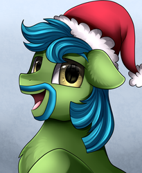 Size: 1446x1764 | Tagged: safe, artist:pridark, oc, oc only, oc:lupin quill, bust, christmas, commission, facial hair, happy, hat, holiday, looking at you, male, portrait, santa hat, smiling, solo, stallion