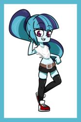 Size: 2000x3000 | Tagged: safe, artist:rockset, sonata dusk, equestria girls, g4, clothes, female, high res, looking at you, shoes, simple background, smiling, sneakers, solo, stockings, thigh highs