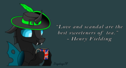 Size: 1366x745 | Tagged: safe, artist:dingdongjr, oc, oc only, oc:alibi, changeling, british, cavalier, food, quotes, solo, tea