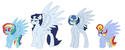 Size: 6980x2800 | Tagged: safe, artist:marukouhai, rainbow dash, soarin', oc, oc:maximilian, oc:serena, pegasus, pony, g4, absurd resolution, colt, female, glasses, male, mare, offspring, parent:rainbow dash, parent:soarin', parents:soarindash, ship:soarindash, shipping, simple background, size difference, smol, straight, white background