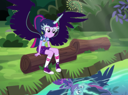 Size: 966x720 | Tagged: safe, artist:wesleyabram, sci-twi, twilight sparkle, equestria girls, g4, my little pony equestria girls: legend of everfree, camp everfree outfits, clothes, converse, midnice sparkle, midnight sparkle, scene interpretation, shoes, socks, the midnight in me, wings