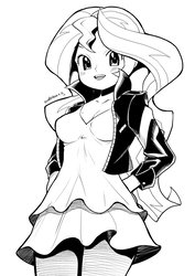 Size: 800x1133 | Tagged: safe, artist:gigiedt, sunset shimmer, equestria girls, g4, black and white, blushing, breasts, cleavage, clothes, cute, dress, female, grayscale, long hair, looking at you, monochrome, open mouth, shimmerbetes, simple background, solo
