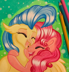 Size: 2902x3007 | Tagged: safe, artist:emberslament, pinkie pie, princess skystar, classical hippogriff, earth pony, hippogriff, pony, g4, my little pony: the movie, colored pencil drawing, cute, diapinkes, eyes closed, female, high res, hug, mare, scene interpretation, smiling, traditional art
