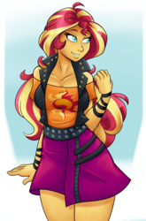 Size: 1996x3020 | Tagged: safe, artist:ambris, sunset shimmer, equestria girls, equestria girls series, g4, beautiful, breasts, busty sunset shimmer, clothes, cute, female, jacket, leather jacket, moe, shirt, simple background, skirt, smiling, solo, thighs