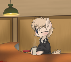 Size: 2019x1758 | Tagged: safe, artist:orang111, oc, oc only, oc:coffee cuddles, earth pony, pony, blushing, cafe, clothes, coffee, cute, female, looking at you, mare, messy mane, mug, one eye closed, scarf, sitting, solo, sweater, wink