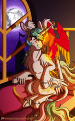 Size: 900x1440 | Tagged: safe, artist:inuhoshi-to-darkpen, philomena, princess celestia, alicorn, phoenix, pony, g4, feathered fetlocks, female, full moon, mare, mare in the moon, moon, night, pillow, unshorn fetlocks, window