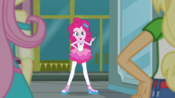 Size: 1280x720 | Tagged: safe, screencap, applejack, fluttershy, pinkie pie, equestria girls, g4, my little pony equestria girls: better together, super squad goals, canterlot city, clothes, female, geode of sugar bombs, pantyhose